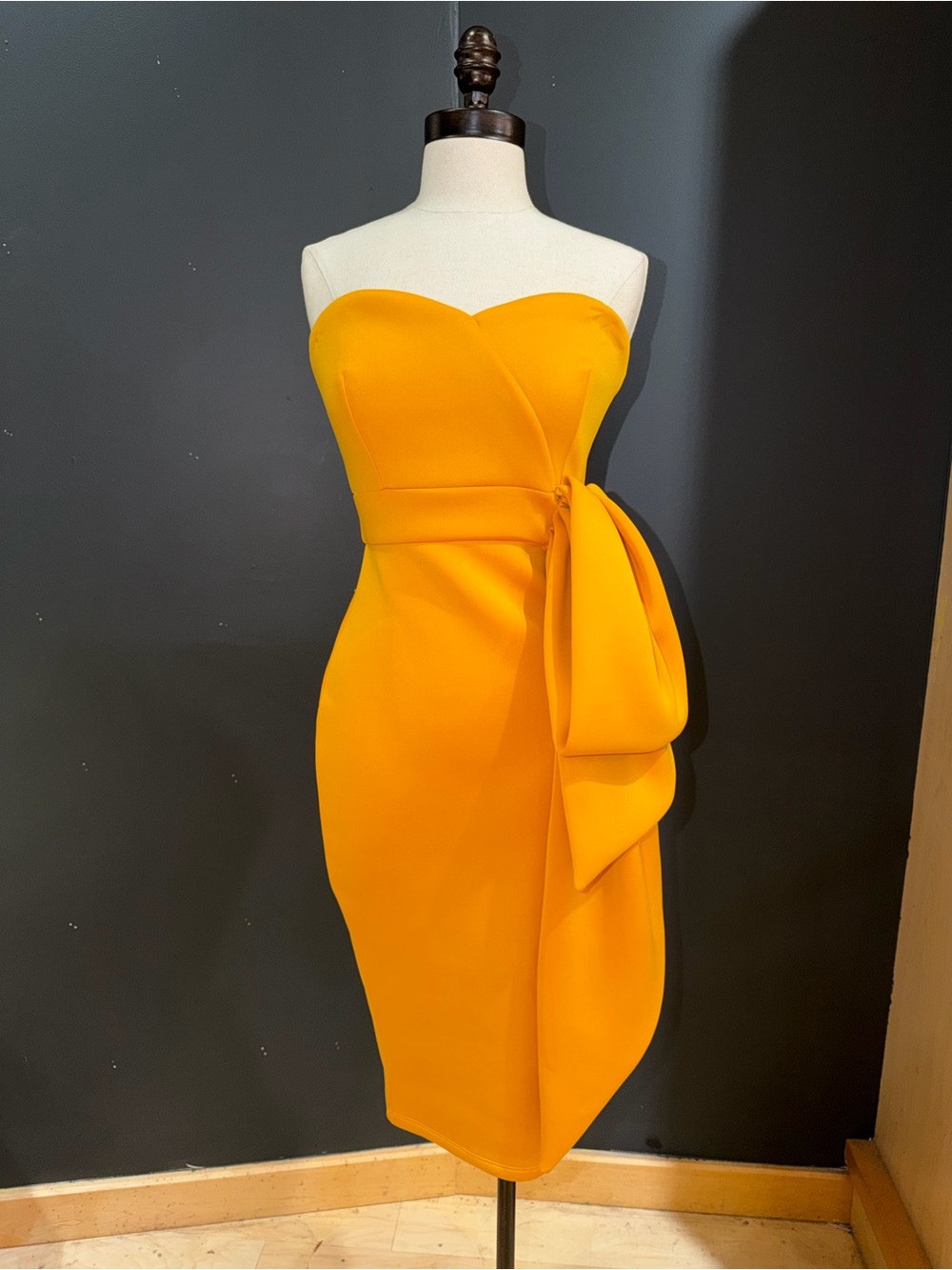 Strapless Mustard Yellow Midi Dress with Side Draped Bow